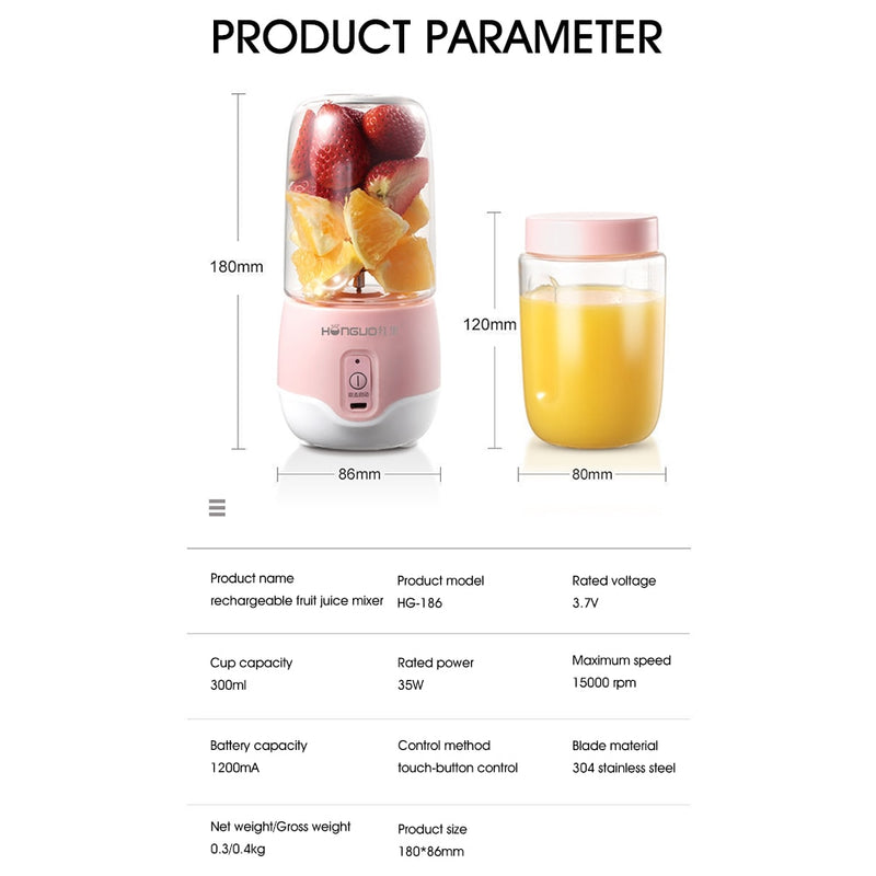 Portable USB Rechargeable Mini Blender for Fruit Smoothies and Milkshakes - 300ml Personal Juicer Cup